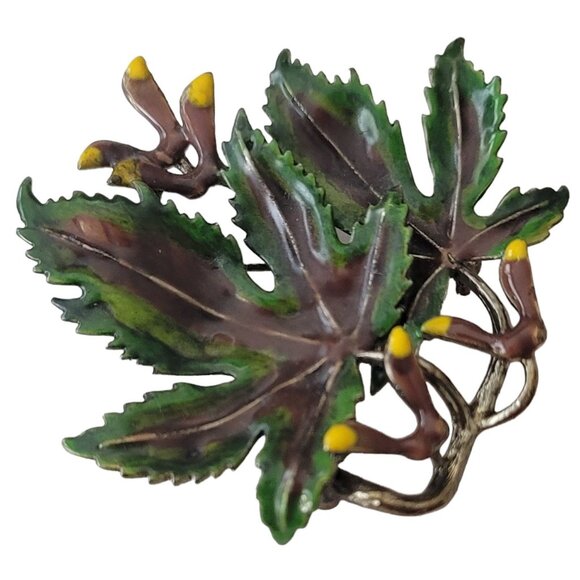 Vintage Green Brown Enamel Sycamore Maple Leaf, Seed Brooch Pin E639 - Picture 6 of 6